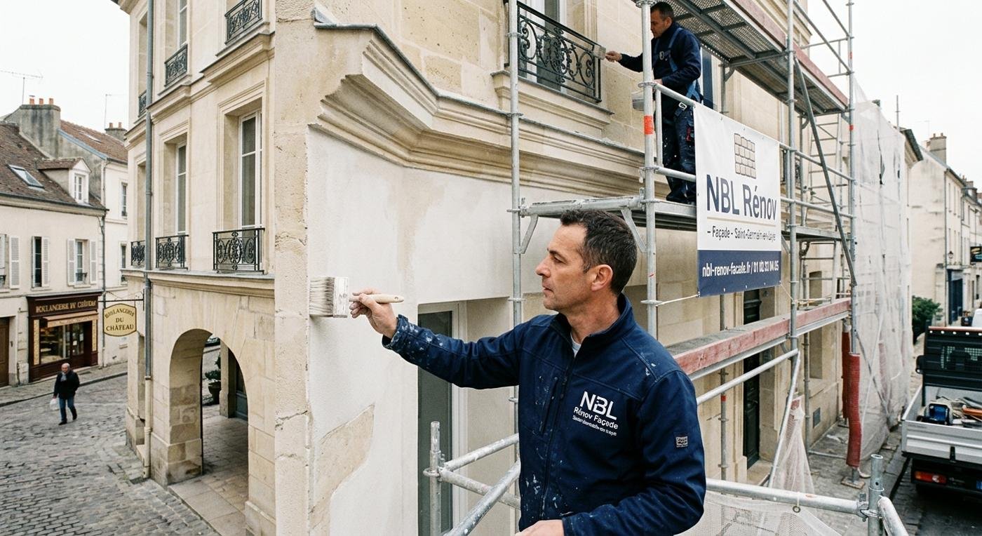 Façadier NBL Rénov Façade peignant une façade en pierre dans le centre historique de Saint-Germain-en-Laye